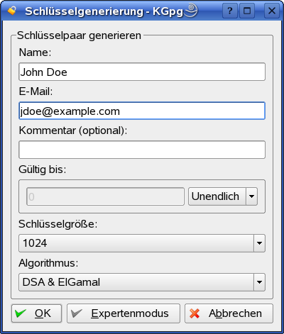 KGpg: Erstellen eines Schlssels