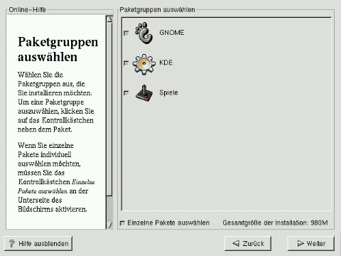 Auswahl der Paketgruppen