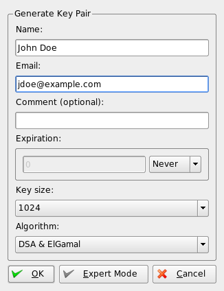 KGpg: Creating a Key
