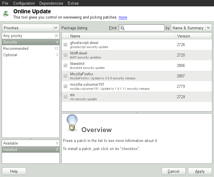 YaST Online Update—GTK Interface