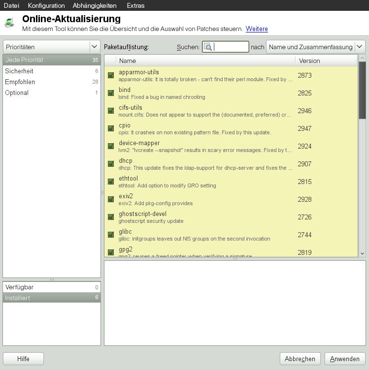 YaST-Online-Update – GTK-Bedienoberflche