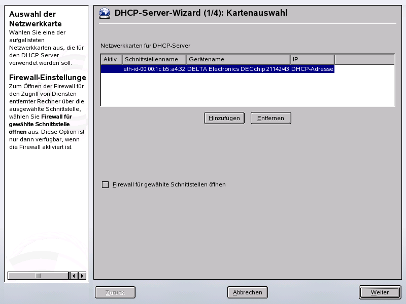 DHCP-Server: Kartenauswahl