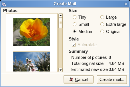 F-Spot Create Mail dialog box