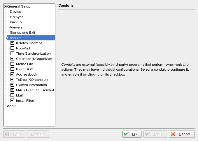 Configuration Dialog with the Available Conduits