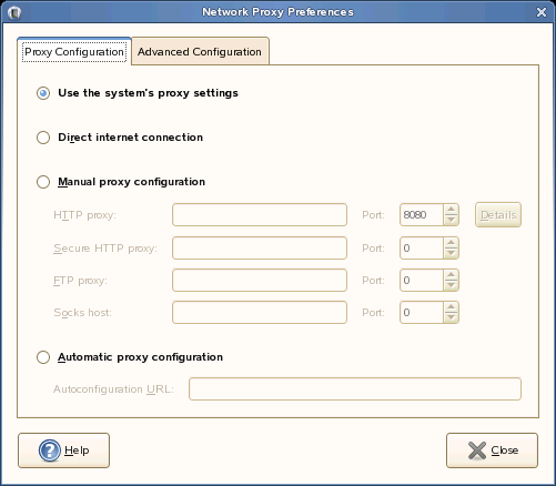 Network Proxy Configuration Dialog