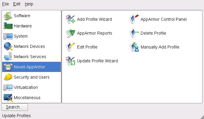 YaST's main controls for AppArmor