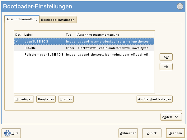 Bootloader-Einstellungen