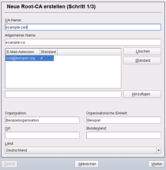YaST-CA-Modul: Grunddaten fr eine Stammzertifizierungsstelle