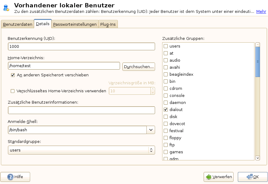 Gruppenmitgliedschaft fr einen Benutzer in YaST