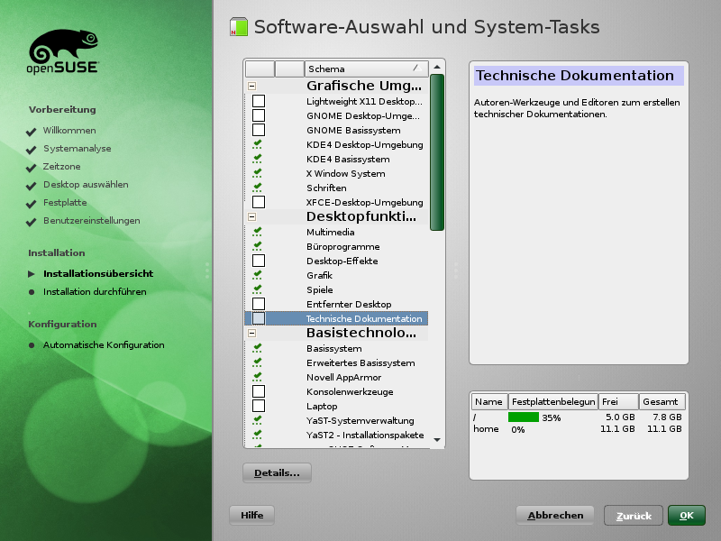 Software-Auswahl und System-Tasks