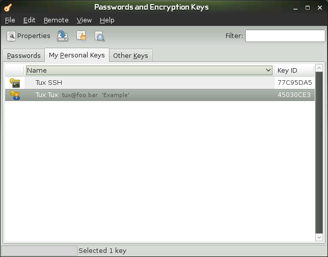Password and Encryption Keys Main Window