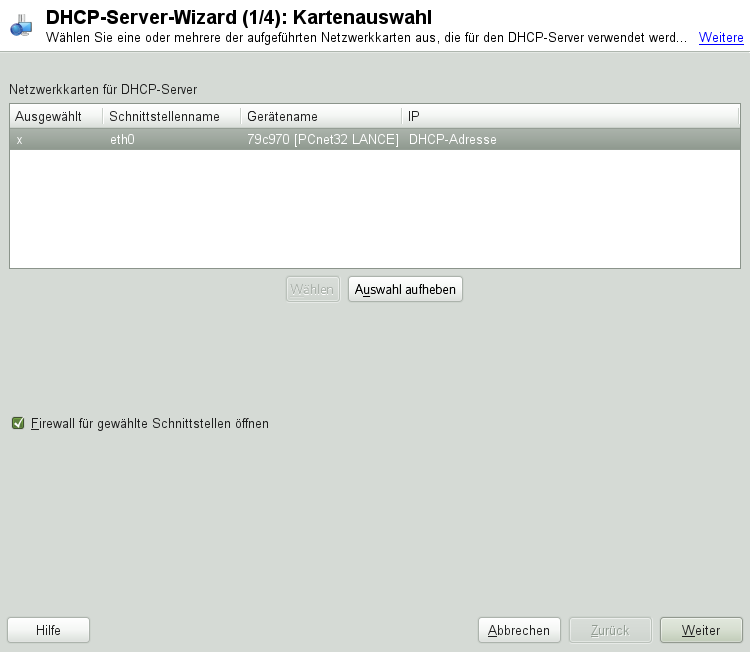 DHCP-Server: Kartenauswahl