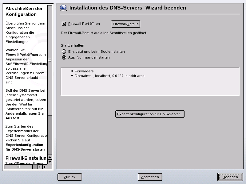 DNS-Server-Installation: Wizard beenden