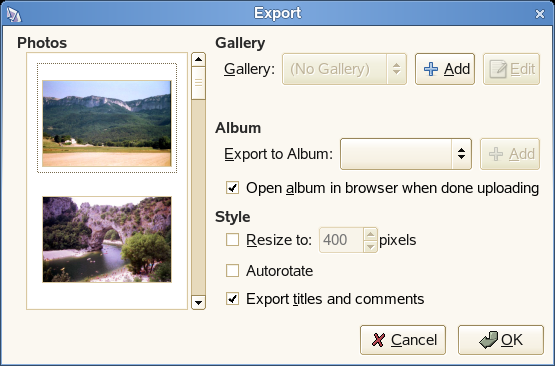Export to Web Gallery dialog box