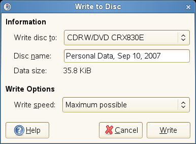 Write to Disc dialog box