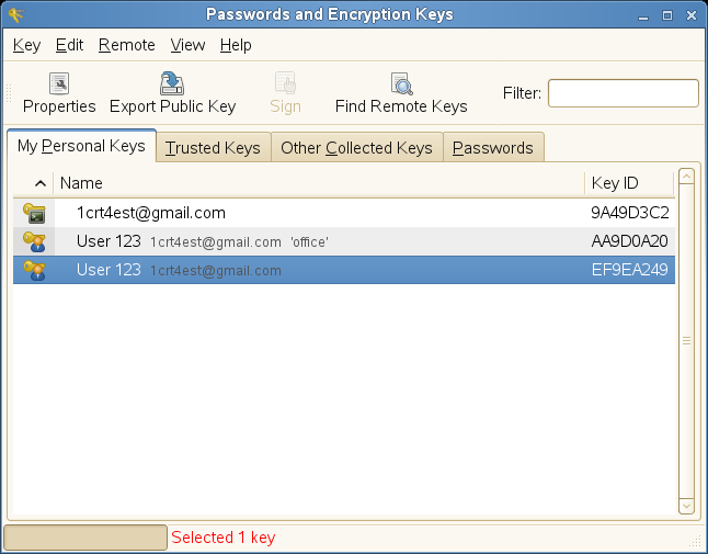 Password and Encryption Keys Main Window