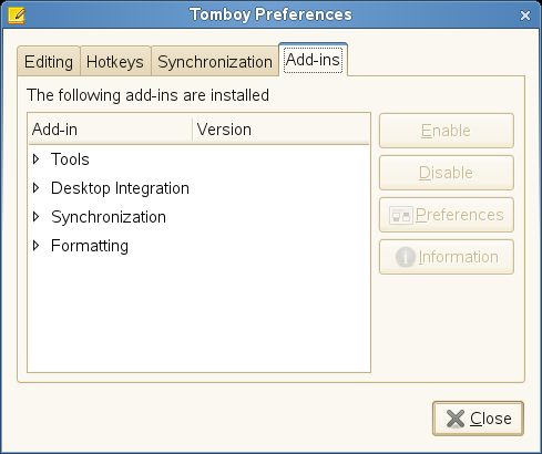 Tomboy Add-ins Preferences