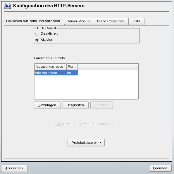 Konfiguration des HTTP-Servers: berwachen von Ports und Adressen