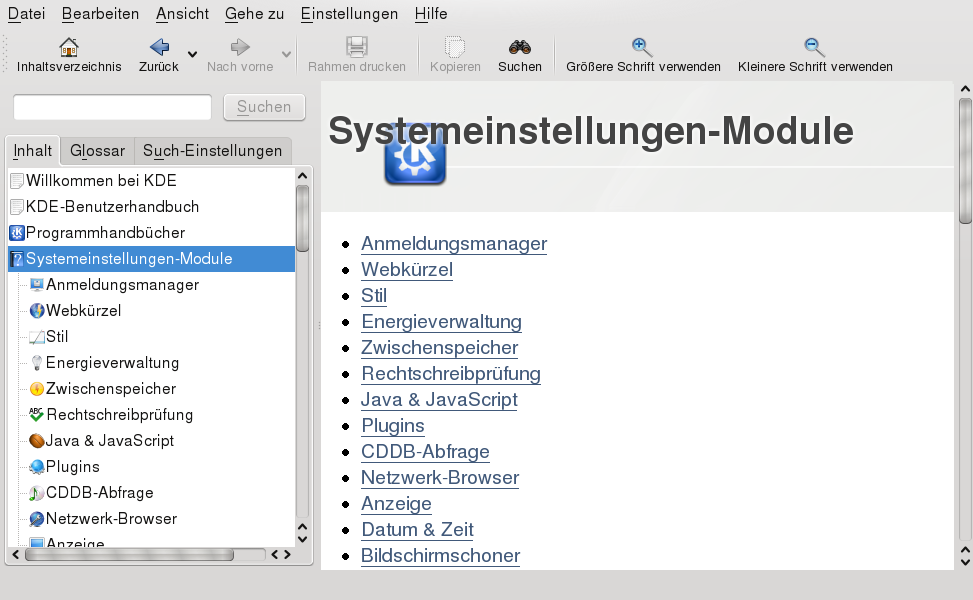 Hauptfenster des KDE-Hilfezentrums