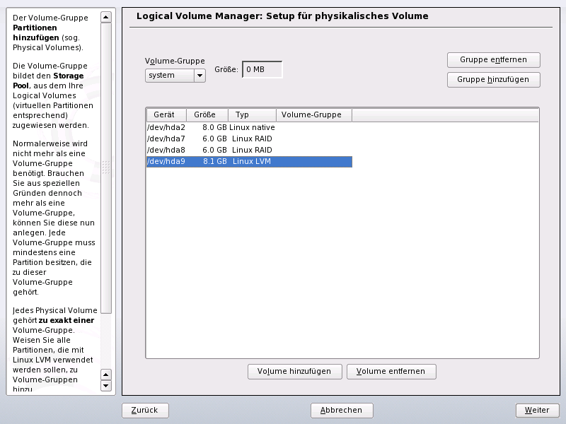 Setup fr physische Volumes