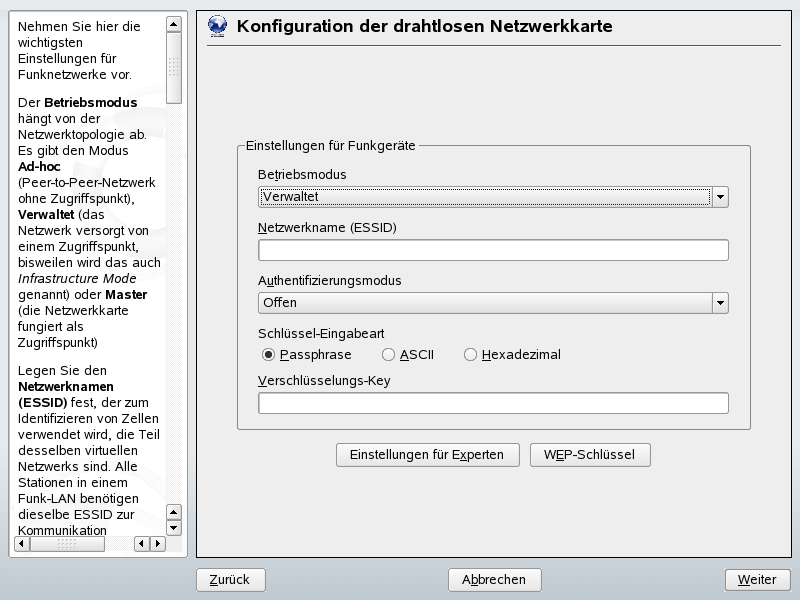 YaST: Konfigurieren der WLAN-Karte