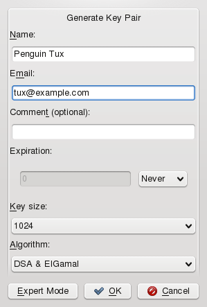 KGpg: Creating a Key