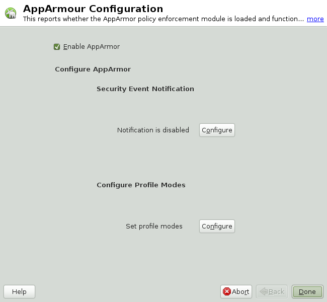 The AppArmor control
	panel