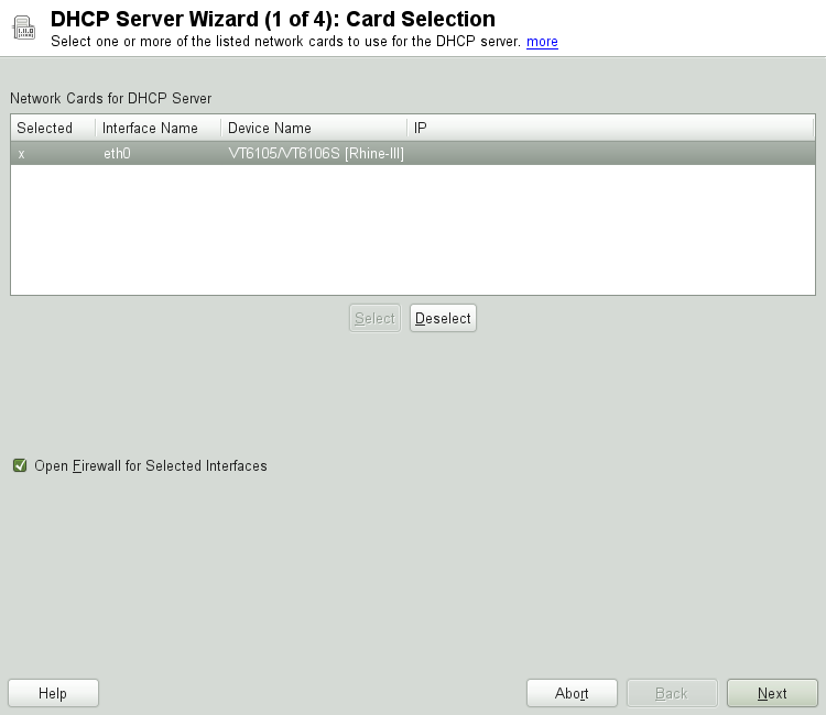 DHCP Server: Card Selection