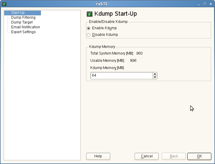 YaST2 Kdump Module - Start-Up Page