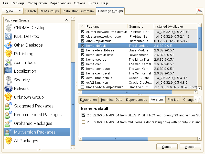 The YaST Software Manager - Multiversion View