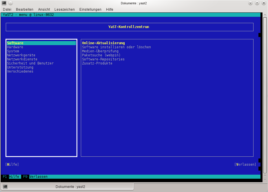 Hauptfenster von YaST im Textmodus