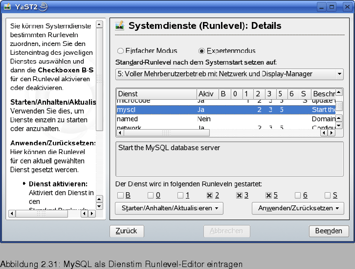 \begin{figure}\htmlimage
\spfigl{0.81}{Bld19_53.eps}{MySQL als Dienst \newline im Runlevel-Editor
eintragen}{_Ref62884655}
\vspace{-11pt}
\end{figure}