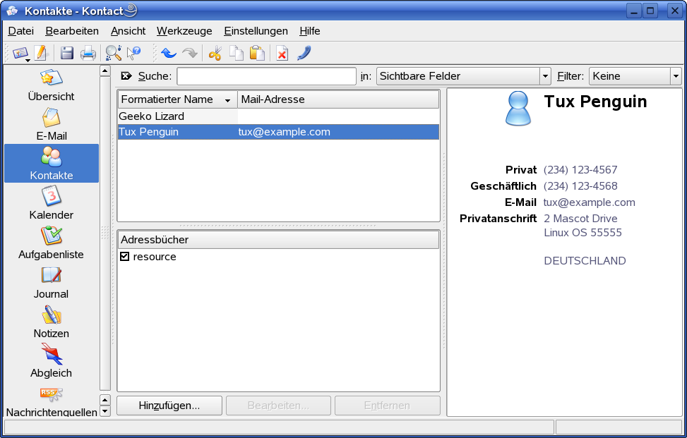 Das Adressbuch von Kontact
