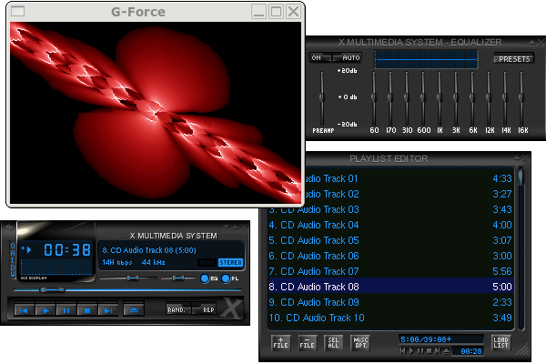 XMMS mit Equalizer, OpenGL Spectrum Analyzer und Infinity-Plugins