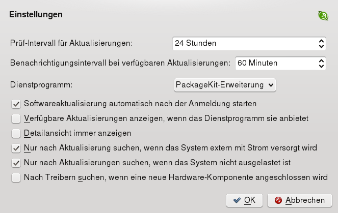 KDE-Miniprogramm Updater: Konfiguration