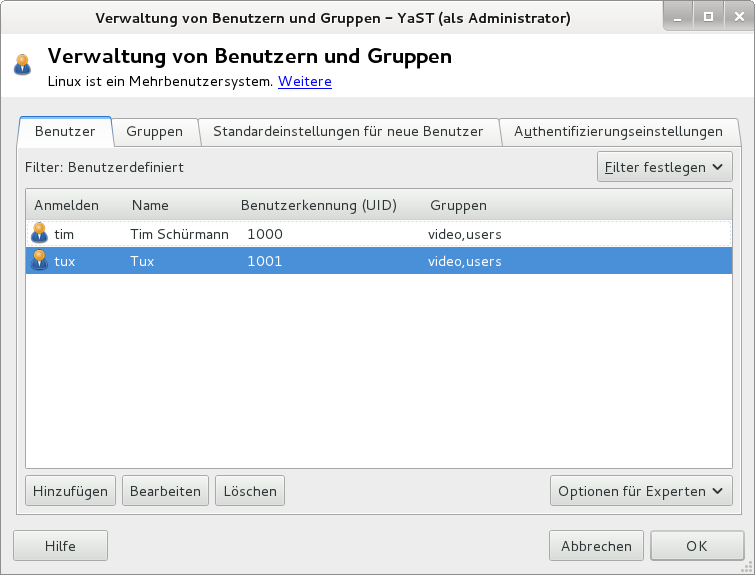 YaST – Verwaltung von Benutzern und Gruppen