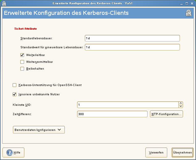 YaST: Erweiterte Konfiguration von Kerberos-Clients