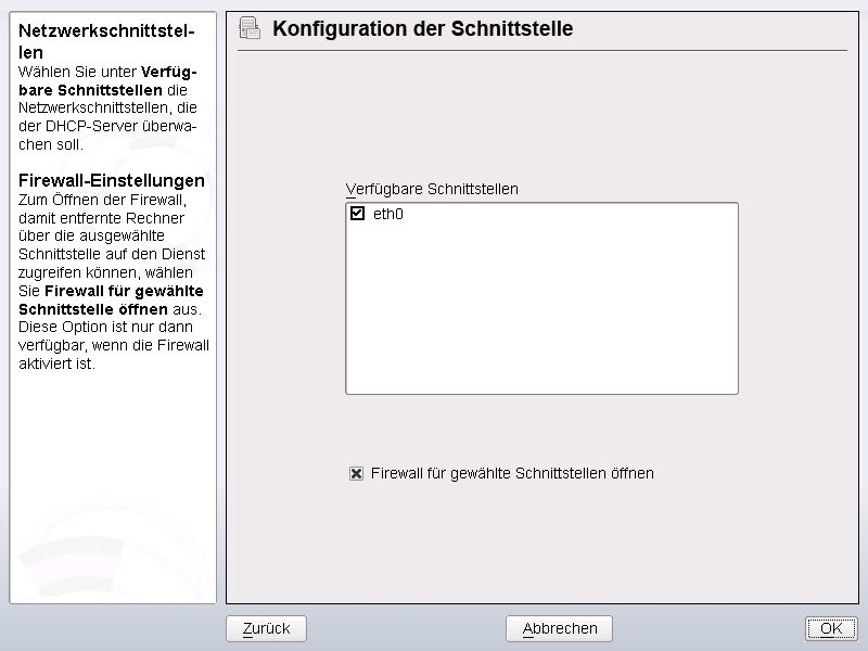 DHCP-Server: Netzwerkschnittstelle und Firewall