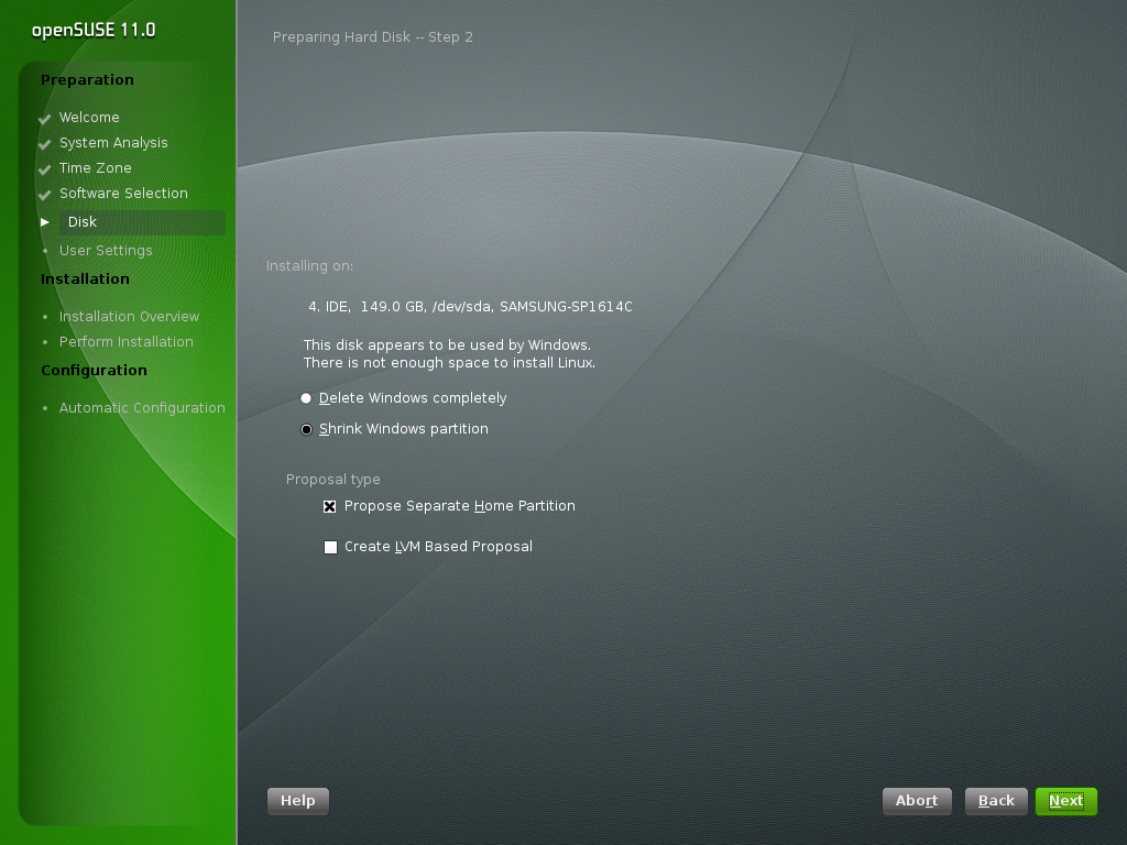 Mögliche Optionen für Windows-Partitionen