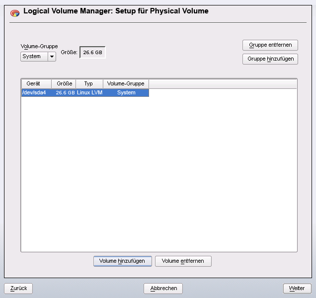 Setup für physische Volumes