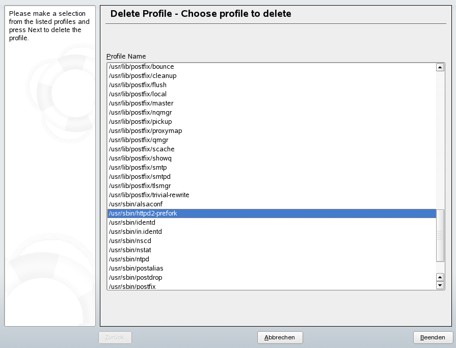Delete profile, choose profile to delete (Profil l�schen — Profil ausw�hlen)