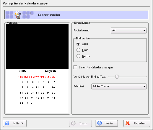 Erstellen einer Vorlage f�r einen Kalender