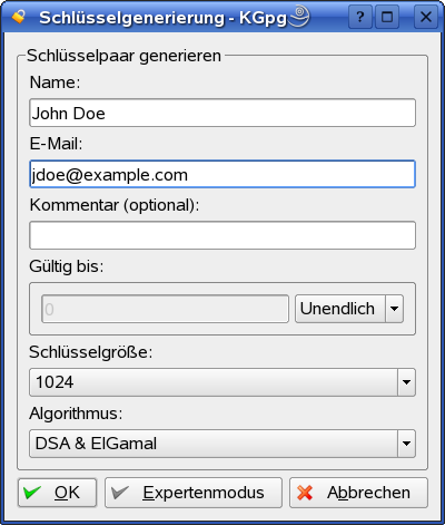 KGpg: Erstellen eines Schl�ssels