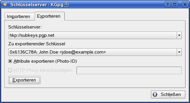 Exportieren eines Schl�ssels auf einen Schl�sselserver