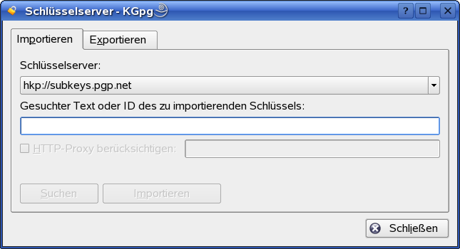 Suchbildschirm zum Importieren eines Schl�ssels