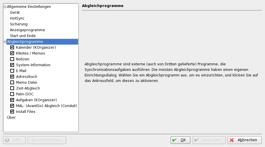 Das Konfigurationsfenster mit den verf�gbaren Conduits