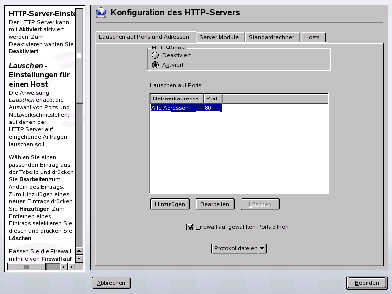 HTTP-Server-Konfiguration: Listen Ports and Addresses (�berwachte Ports und Adressen)