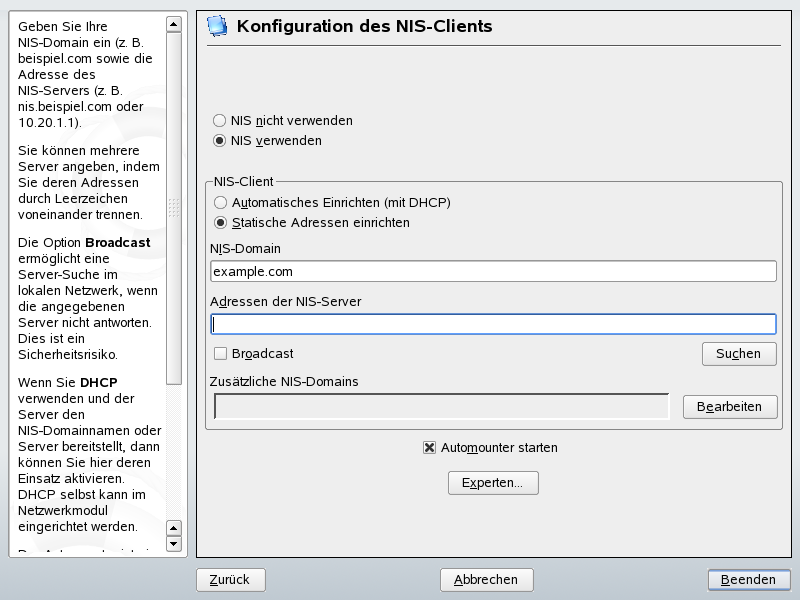 Festlegen der Dom�ne und Adresse eines NIS-Servers