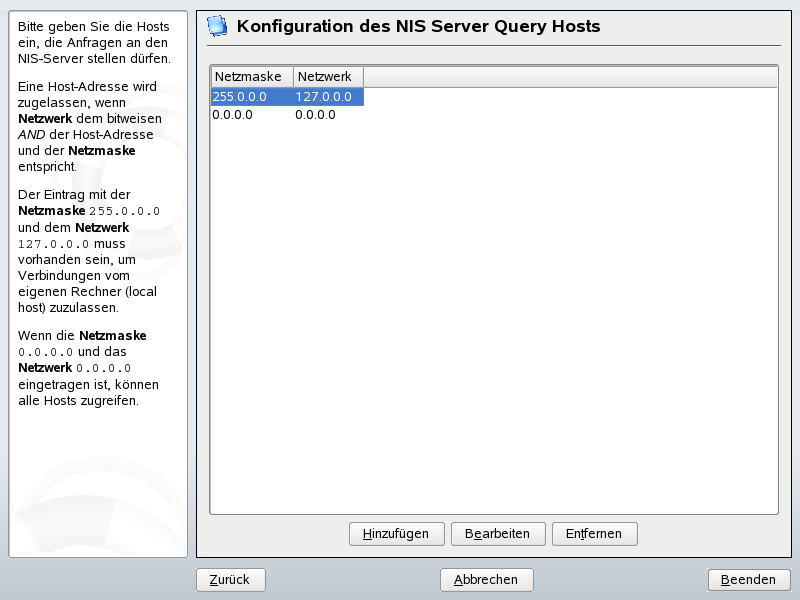Einrichten von Anforderungsberechtigungen f�r einen NIS-Server