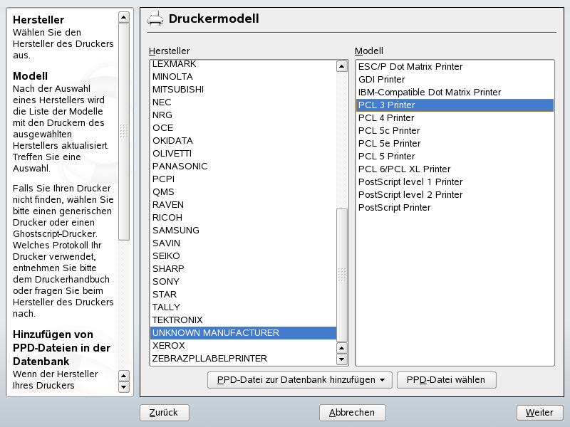 Ausw�hlen des Druckermodells
